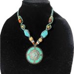 Lucky Brand Turquoise and Brown Beaded teal round pendant Necklace 25” Photo 0