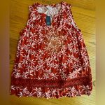 Crown & Ivy  Rust Orange Sleeveless Blouse Crochet Trim Palm Trees Large NWT Photo 0