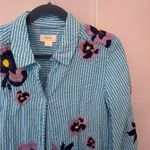 Maeve Anthropologie  Blue White Striped Pansy Embroidered Shirt Photo 3