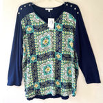 Ava James Sz L V Neck Floral Print Blue Pullover Stretch Blouse Top Photo 0