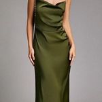 Elegant Olive Green Satin Dress Photo 2