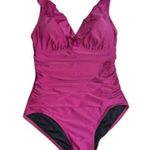 DKNY  Size 10 Dark Pink Bordeaux Ruffle Plunge Tummy Control One Piece Swimsuit Photo 1