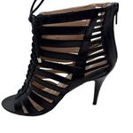 Nine West Size 7 Strappy Lace-Up 3.5" High Wood Heel Sandals Back Zipper Black Photo 2