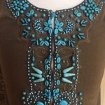 Vintage Boho Votre Nom Brown Top with Turquoise Beading, Excellent Condition Size L Photo 5