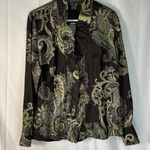 Ann Taylor Ann‎ Taylor 100% Silk Paisley Print brown and green ruffle front blouse Size 14 Photo 1