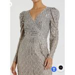 Mac Duggal  Silver Beaded Lace Long Sleeve Midi Dress Size 8 5574 V Neck Sequin Photo 1