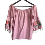 Umgee Women Top L Pink 3/4 Flower Embroidery Tassel Bell Sleeve Boho Tropical Photo 0