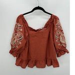 Solitaire  Top Women Large Orange Embroidered Button Back Boho Swiss Dot Ruffle Photo 0