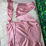 Women's Elegant V Neck Self Tie Knot Long Sleeve Satin Blouse Shirt Top Pink L Size L Photo 10