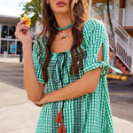 Free People  Bohemian Embroidered Gingham Seersucker Cass Maxi Dress Green Medium Photo 0