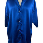 Victoria's Secret Vtg  Sz P/S Blue Gold Label Night Shirt Satin Button Up Pearls Photo 0