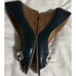 Nine West Women’s 9M Blue Leather Open Toe Wedge Heel Shoes/Buckle Detail Photo 4