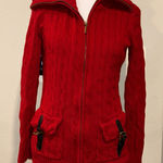 Ralph Lauren Lauren Sweater Womens S Red Cable Full Zip Brass Buckles Pockets Photo 0
