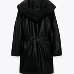 ZARA NWT  Belted Faux Leather Hooded Black Coat Photo 9