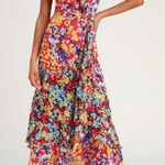 Lulus NWOT Radiant Ruby Red Floral Print Chiffon Asymmetrical Maxi Dress Small Photo 0