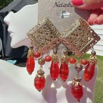 Natasha red resin long beads drops earrings gold Indian Rhombus shape hallow Photo 0