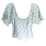 PacSun Daisy Checkered Puff Sleeve Crop Top Blue White Floral Size M Photo 2