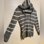 LEI Long Sleeve V Neck Knit Striped Hoodie | Sweatshirt | Pullover Gray Photo 2