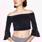 ZARA Black Acid Wash Denim Off The Shoulder Tiered Bell Sleeve Crop Top Photo 0