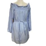 EXPRESS Blue & White Striped Linen Elastic Off The Shoulders Dress Size Small Photo 3