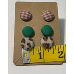 None Fabric Covered Button Earring Stud Set Green Brown‎ Photo 3
