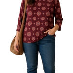 PaperMoon Burgundy Medallion Print Blouse, Boho Fall Top, 3/4 Sleeve Photo 0