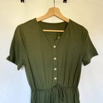 olive green button front drawstring waist jumpsuit pockets women's size small Photo 1