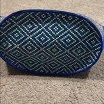 Blue and Cream Geometric Beach Summer Woven Tote Bag NWT Photo 5