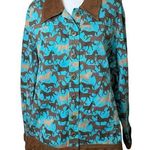 Toffee Apple Womens Jacket XL Teal Brown Horse Print Collared Equestrian Novelty Blue Photo 0