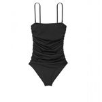None Solid Black Ruched Square Neck Cheeky One-Piece Swimsuit Size Medium Photo 1
