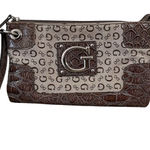 Guess Logo Clutch With Strap Brown Faux Croc Zip Up Photo 0