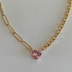 Pink Heart Necklace Cz Necklace Paperclip Chain Gold Chain Necklace Photo 0