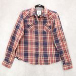 I Love H81  Blue Flannel Plaid Button Up Cotton Patch Western Patch Cowgirl Large Photo 0