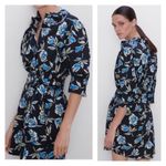 ZARA  Floral The Gia Dress Belted Button Front Sz M Blue & Black Photo 3