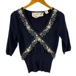 Anthropologie Field & Flower Black Knit Granny Sweater 3/4 Sleeves Lace Detail S Photo 0