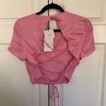 ZARA NWT Pink Short Sleeve Satin Tie Back Pink Cropped Top Size M Photo 6