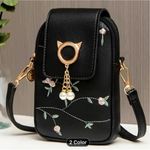 Chic Embroidered Cat Pearls Crossbody Phone Bag Magnetic Closing Black Photo 3