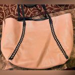 BCBG Paris Womens Black Tan Gold Reversible Leather Chain Tote Bag Photo 5