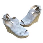 Marc Fisher Sandals Womens 9M Gray Leather Espadrille Laser Cut Wedge Heel Shoes Photo 0