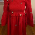 Free People Counting Daisies Red Embroidered Off Shoulder Bell Sleeves Mini Dress, size S Photo 3