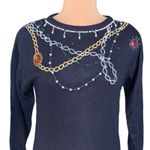 Vintage 80s Black Knit Sweater Dress Chain Beaded Multicolor Jewel Detail Medium Photo 3