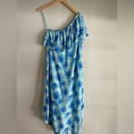 Vineyard Vines Palm Leaf One Shoulder Ruffle Midi Dress | Size 2 Blue Turquoise Photo 6