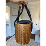 Vintage Wicker Basket Purse with Black Faux Croc Leather Trim & Gingham Lining Brown Photo 1