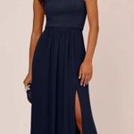 Adrianna Papell Chiffon One Shoulder Maxi Dress Gown Pleated Navy Blue 14 Photo 0