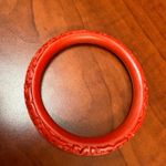 Vintage Red Carved Cinnabar Bangle Bracelet Floral Pattern Openwork Photo 2