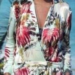 Topshop Green Pink Tropical Floral Satin V-Neck Long Sleeve Romper Size 10 Large Photo 0