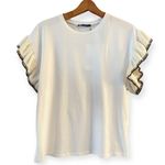 ZARA Trimmed T-Shirt White Top Gold Black Knit Cap Sleeve Ruffle Crew Neck Small Photo 7