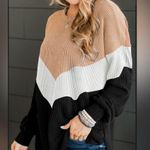 Black Cream Apricot Diagonal Color Block Corded Textured Long Sleeve Top Photo 1