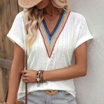 Rainbow Crochet Lace V Neck White Eyelet Boho Short Sleeve Shirt M L XL NWT Size undefined Photo 2