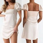 Rumored Napa Valley Mini Dress LARGE Beige Smocking NEW Feminine Coquette Lace Tan Photo 1